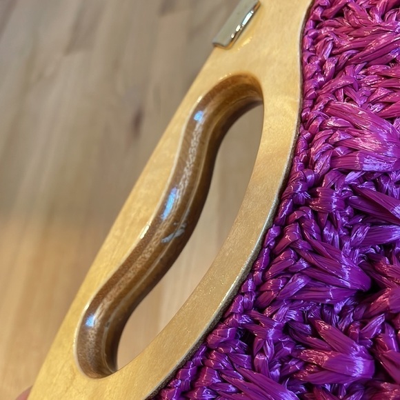 VTG Raffia Crochet Clutch Wood Handbag Japan Sears Pink Boho Retro Barbie Purse - Picture 5 of 12